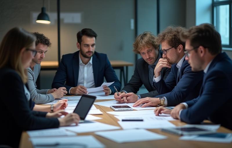 LuminaTech AI team members discussing complex AI concepts around a table.